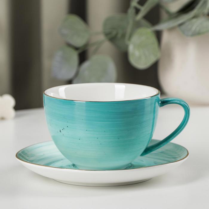 Чайная пара Доляна «Млечный путь», чашка 220 мл, блюдце 13,5 см, цвет зелёный